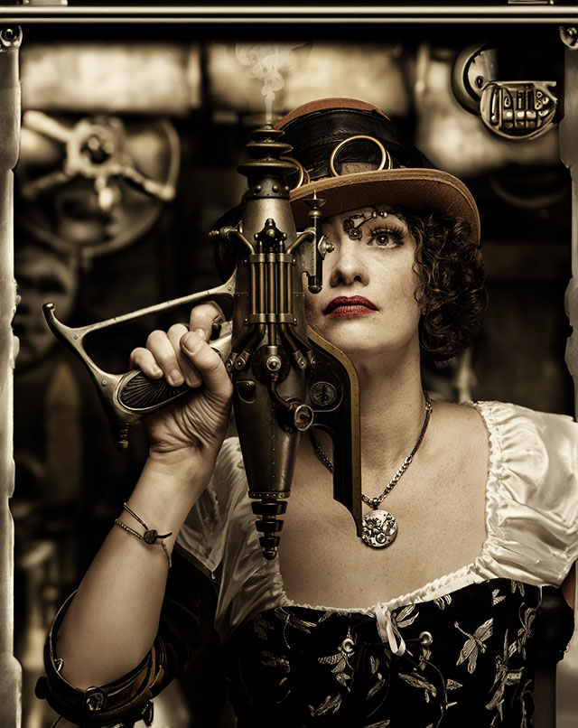steampuke woman with raygun and hat. AI background by inner spirit Photo
